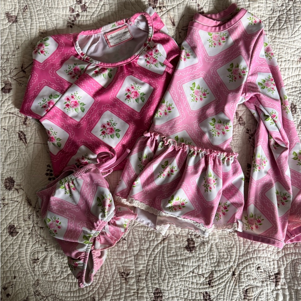Girls Pink Floral Ruffle Swim Set